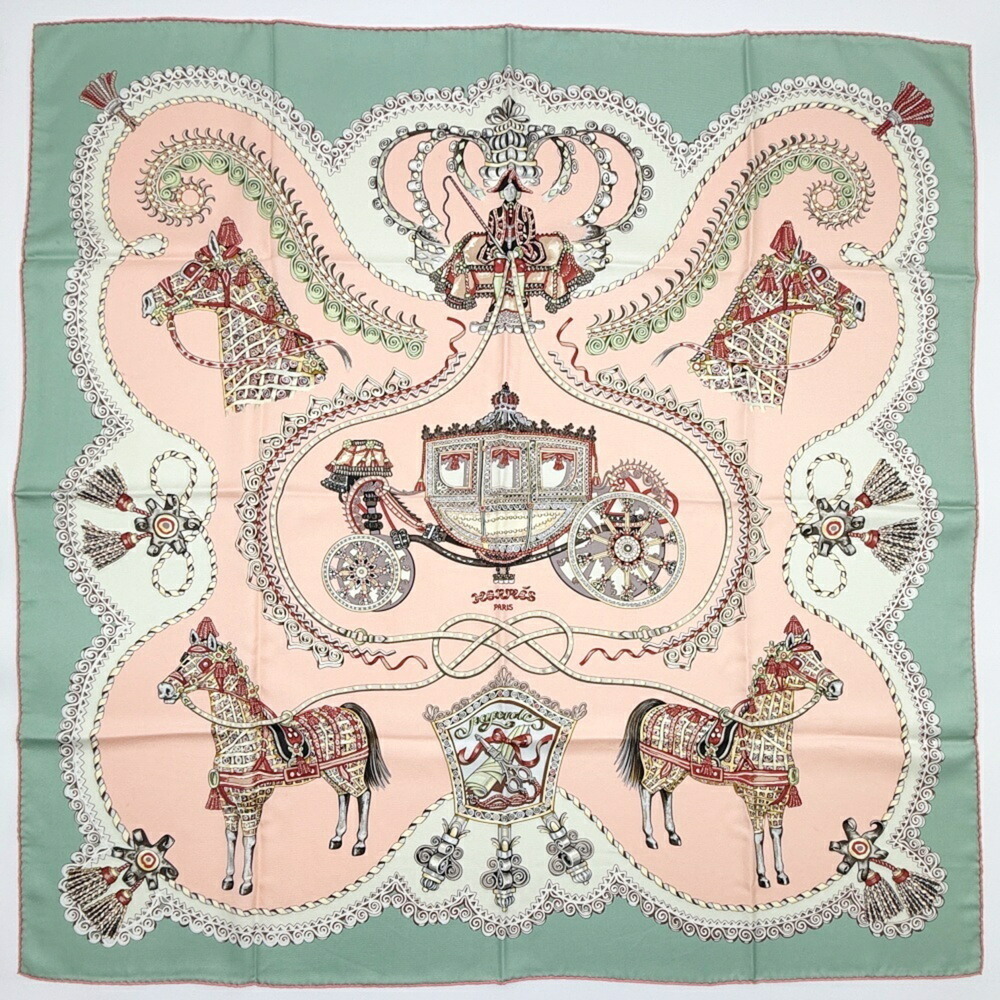 Hermes scarf/muffler, Carre 90, Carriage and Nobleman, Silk, Pink/Green, Larg...